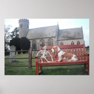 Poster med basset hound på besök i en vacker kyrka
