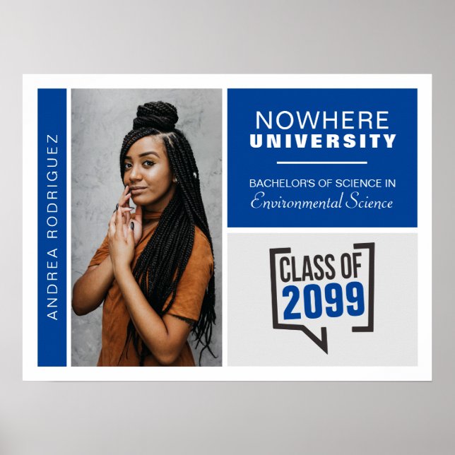 Poster med blå boxar och foto Studenten (Framsidan)