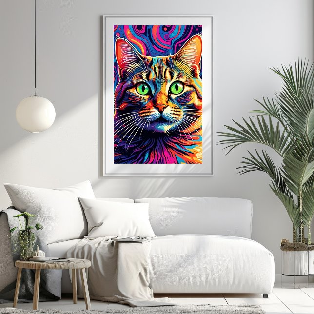 Poster med färgstarka Psychedelic Cat Art (Colorful Psychedelic Cat Art Poster)