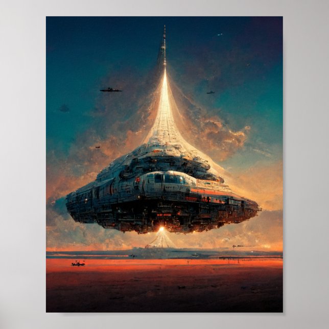 Poster med Hovering Spaceship-Sci-Fi Art (Framsidan)