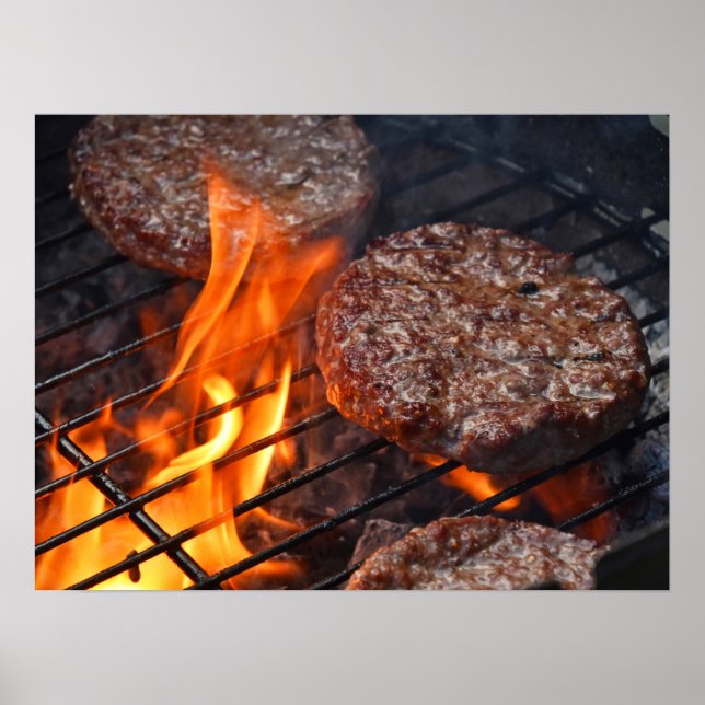 Poster med kött-barbecue-burgare och brandlåga (Framsidan)