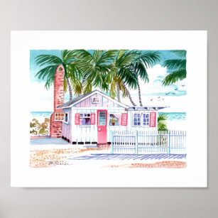 Poster med röd vit charming Beach Cottage Watercol