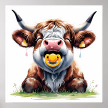 Poster med röda Highlandkalv och blommor