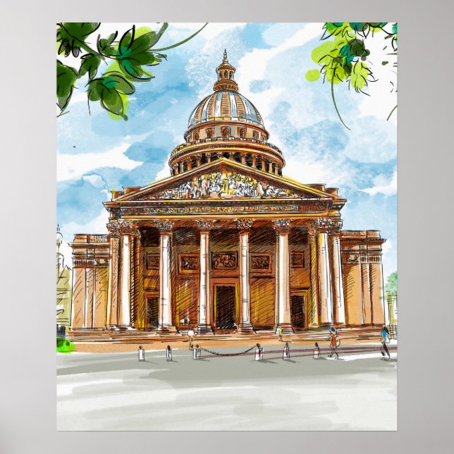 Poster med vattenfärg Paris Pantheon Sketch Painti (Framsidan)