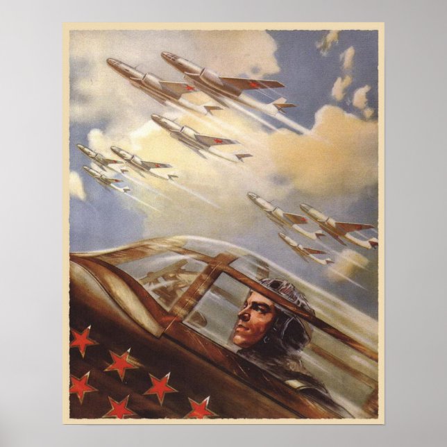 Poster med Vintage USSR Luft Force Propaganda (Framsidan)