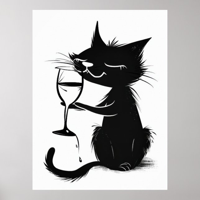 Poster med vit svart katt som drar Vin 2D (Framsidan)