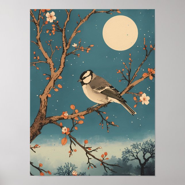 Poster - Moonlit Bird on Blossom Branch (Framsidan)