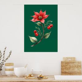 Poster Natal verde e Flores Vermelhas