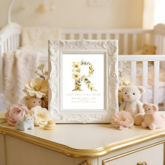 Póster Nursery Cute Romantic Floral R Letter Gold Poster