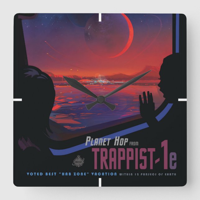 Poster Retro Space - Vyer Observera Trappist-1e. Fyrkantig Klocka (Framsida)