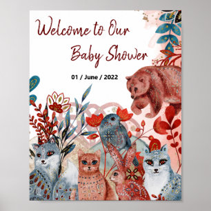 Poster röd och blå babydusch med djur
