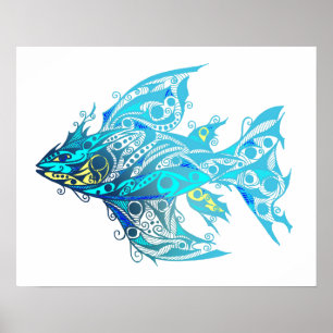 Poster Skriv ut abstrakt Blue Fish Tribal Tato