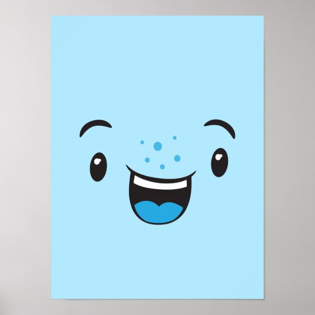 Poster Skriv ut med Blue Smiling Kawaii Ansikte (Framsidan)