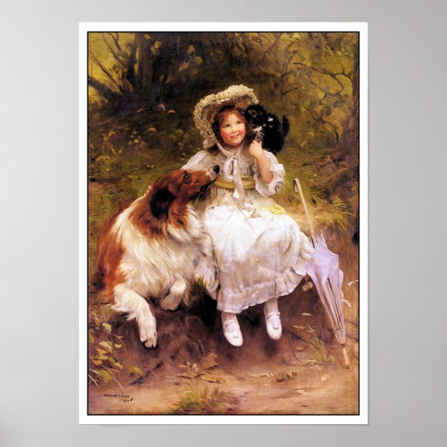 Poster Skriv ut med Collie Hund, Girl and Cat (Framsidan)