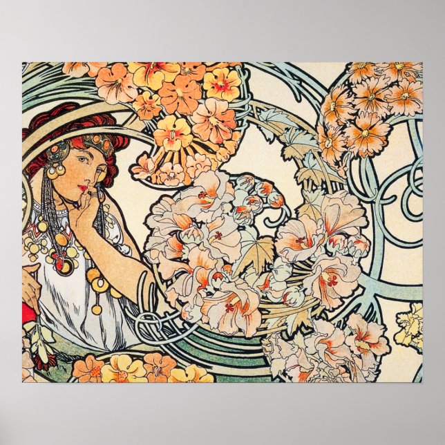 Poster/skriv ut: Mucha - Blommor II-språk Poster (Framsidan)