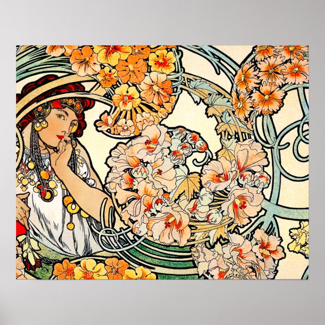 Poster/skriv ut: Mucha - Blommor II-språk Poster (Framsidan)