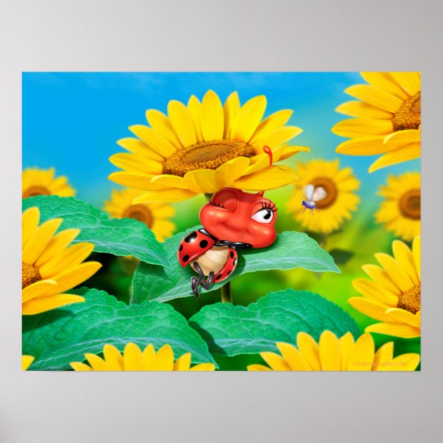 Poster sömnig Ladybug och solblommor (Framsidan)