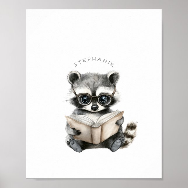 Poster utskrift av Cute Raccoon-läsning (Framsidan)