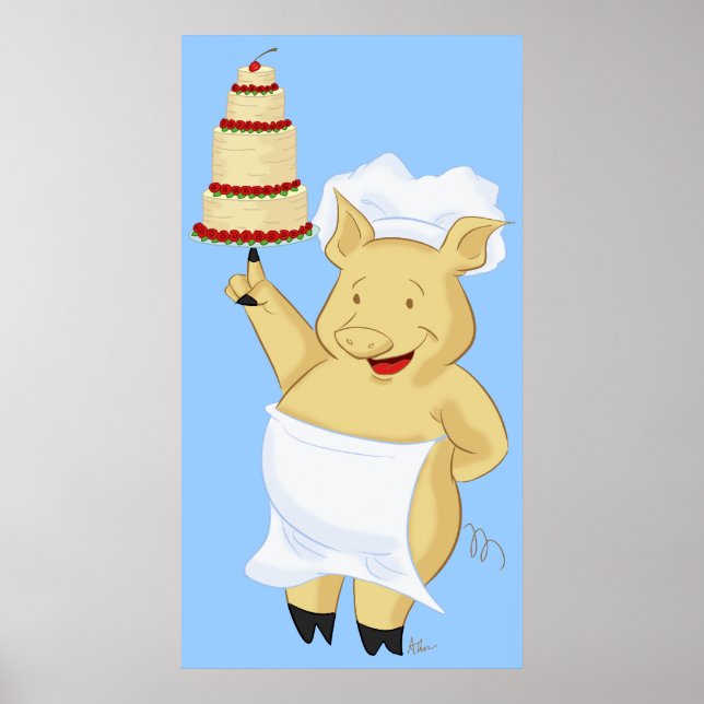 Poster utskrift av Gris Baker Holding Cake (Framsidan)