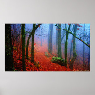 Poster utskrift av målad skogsblå höstblå fog