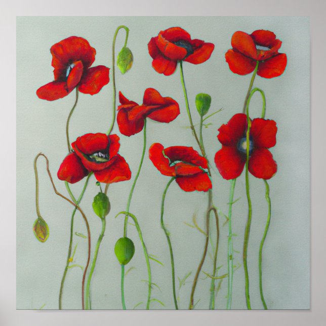 Poster utskrift av Red Poppy Flowers Art (Framsidan)