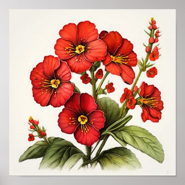 Poster utskrift av Red Primrose Flowers Art (Framsidan)