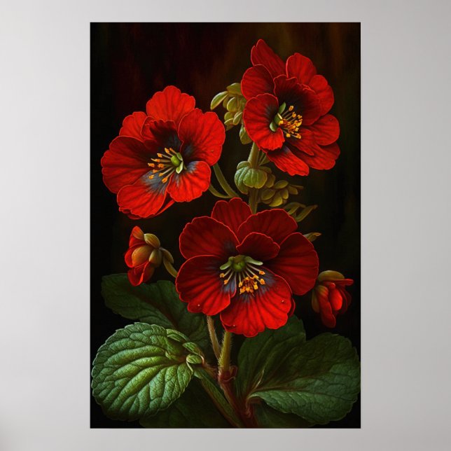 Poster utskrift av Red Primrose Flowers Art (Framsidan)