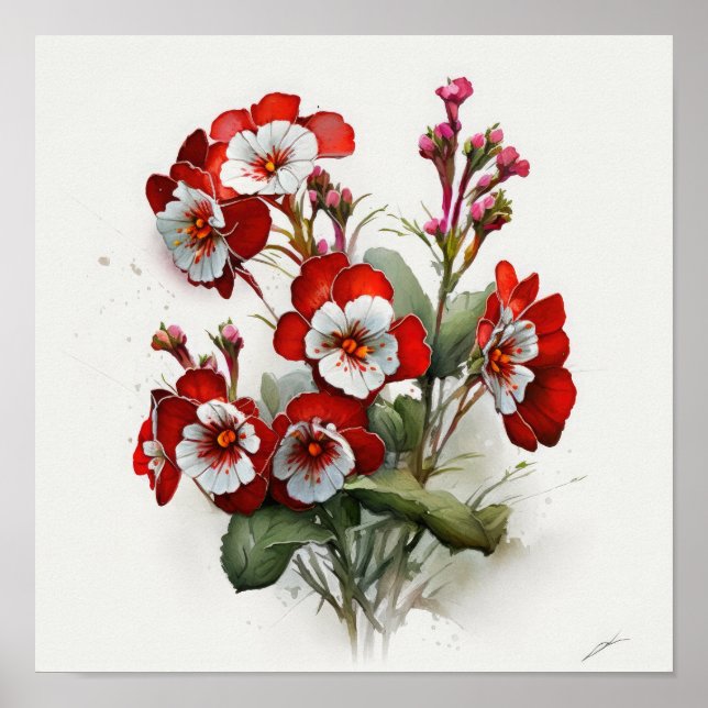 Poster utskrift av Red Primrose Flowers Art (Framsidan)