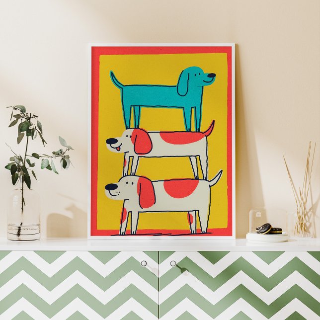 Poster utskrift av staplade Hundar-väggfästen (Illustration of three stacked dogs in bright colors, made with AI and some real textures.)