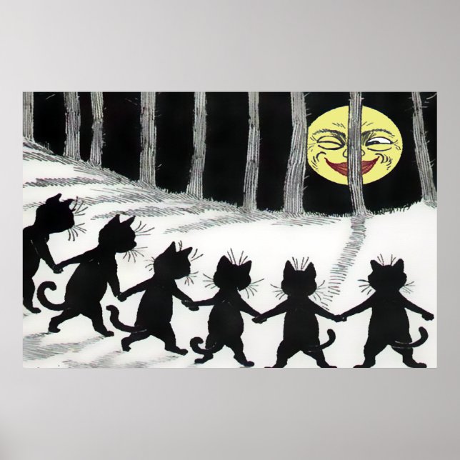 Poster utskrift av svart katt Måne (Framsidan)