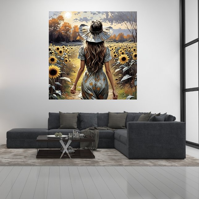 Poster vackra Woman Walking Bland solblommor (Beautiful Woman Walking Among Sunflowers Poster Mockup 1)
