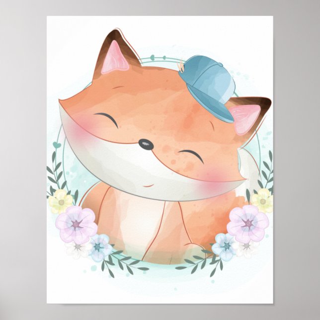 Poster vattenfärg för Cute Fox (Framsidan)