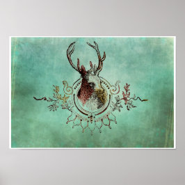 Poster vintage Stag Head Teal