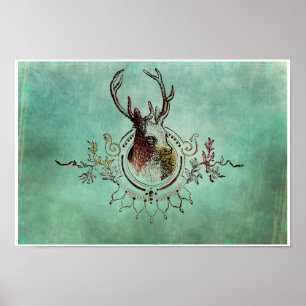 Poster vintage Stag Head Teal
