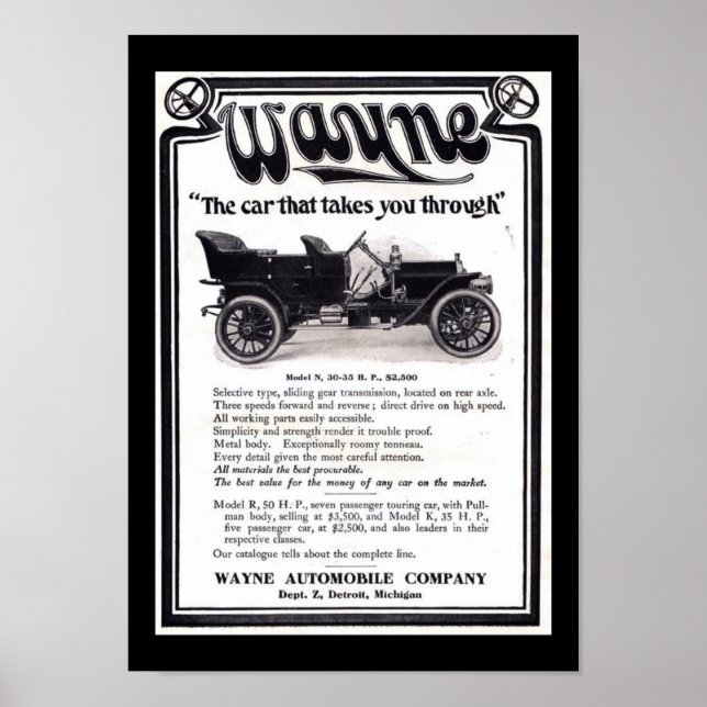Poster Vintage Wayne Automobiles Company (Framsidan)