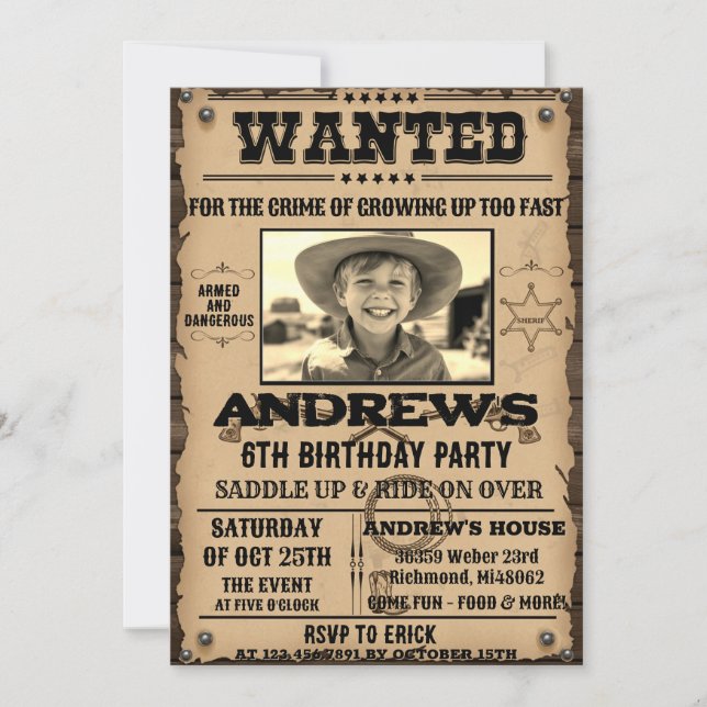 Poster Western Cowboy med fotofödelsedag Inbjudningar (Framsida)