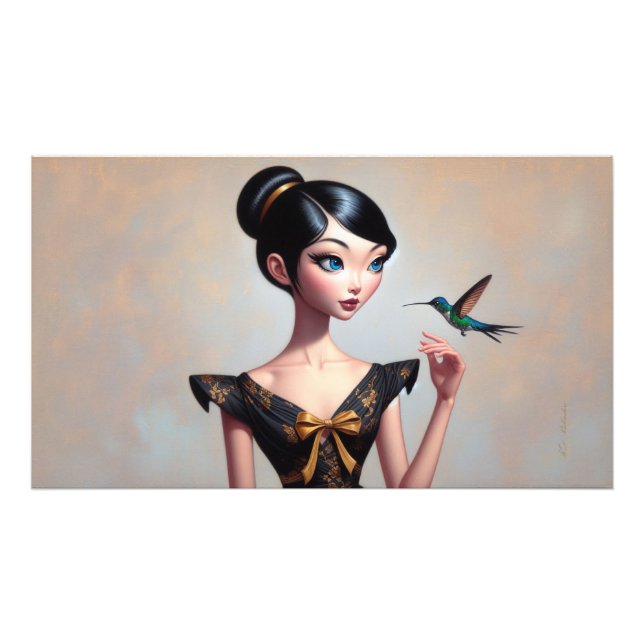 Poster Whimsical Asian Girl med Hummingbird (Framsidan)