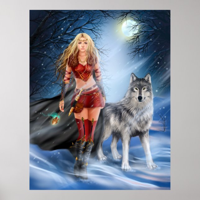 Poster Winter Warrior Princess och varg (Framsidan)