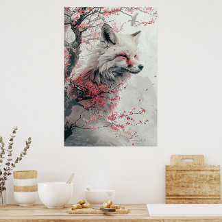 PosterKitsune Ande – Japansk räv i blomning För Poster