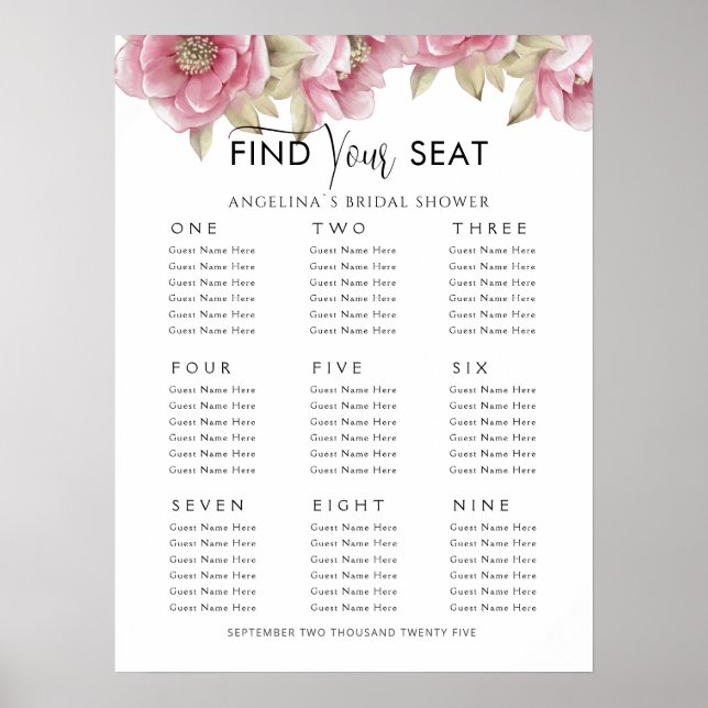 Posters Seating plan 9 tables Bridal Shower (Framsidan)