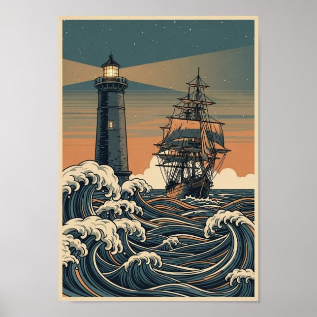 Posters Vintage Ocean Lighthouse Print (Framsidan)