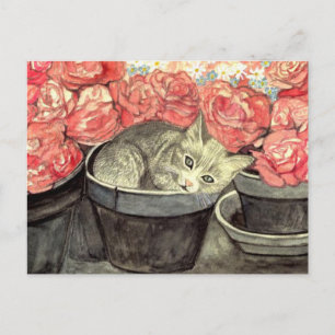 Postkarte Aquarell ’Kätzchen im Blumentopf’ Vykort