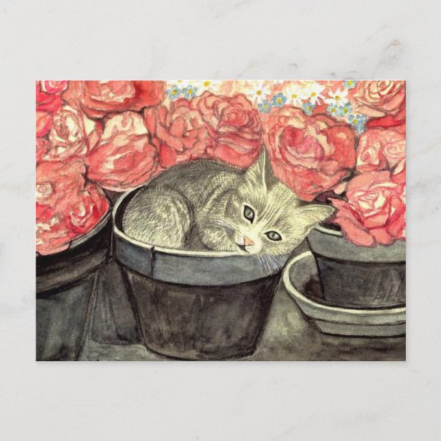 Postkarte Aquarell ’Kätzchen im Blumentopf’ Vykort (Framsida)