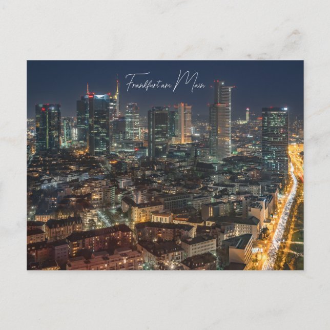 Postkarte, die Skyline Frankfurt bei Nacht  Vykort (Framsida)
