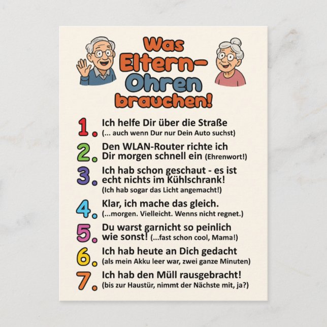 Postkarte „Was Eltern-Ohren brauchen“  Vykort (Framsida)