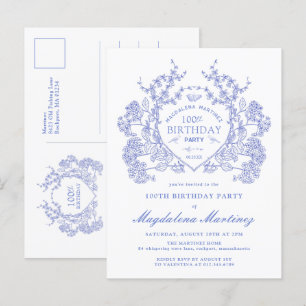 POSTKORT 100-årsdag Blå Blommig Vapen Invitation Inbjudan Vykort