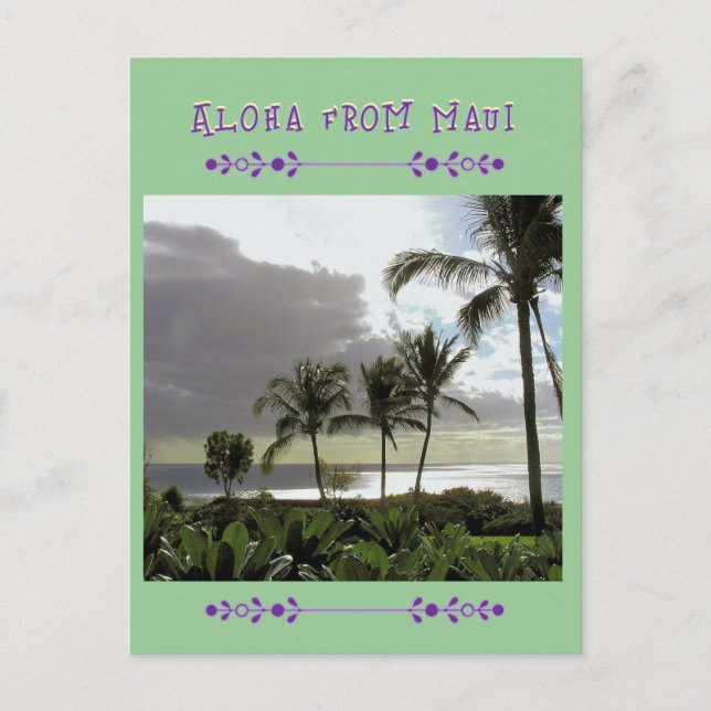 POSTKORT "ALOHA FRÅN MAUI" Handflatan Träd Vykort (Framsida)
