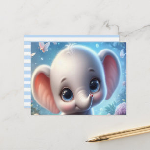 Postkort Baby Vit Elefant Blommig Vykort
