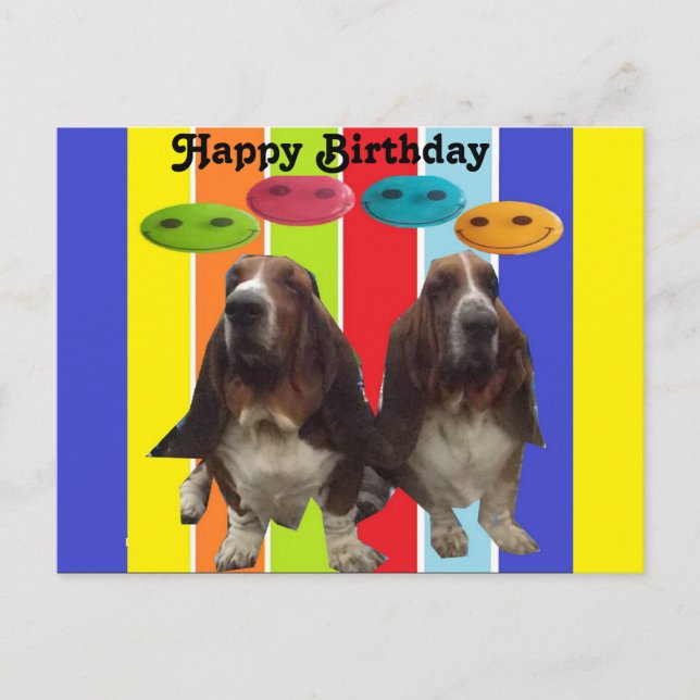 Postkort Bebis Glad födelsedag Basset Hounds Regnb Vykort (Framsida)
