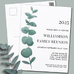 Postkort för återförening av eukalyptus-familjen vykort<br><div class="desc">Samla din familj till familjen Reunion med det här snyggtens vykort. Den har en enda vattenfärgseucalyptus-sprig. Eftersom vi skapar vår egen teckning kommer du inte att hitta just den här bilden från andra designers. Ursprunglig vattenfärg © Michele Davies.</div>
